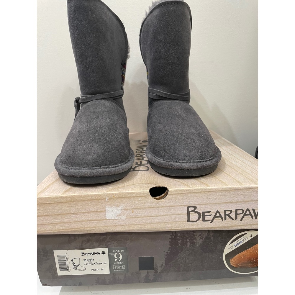 Bearpaw Maggie Charcoal Grey Suede Knit Back Winter Boots 2116W Womens 9